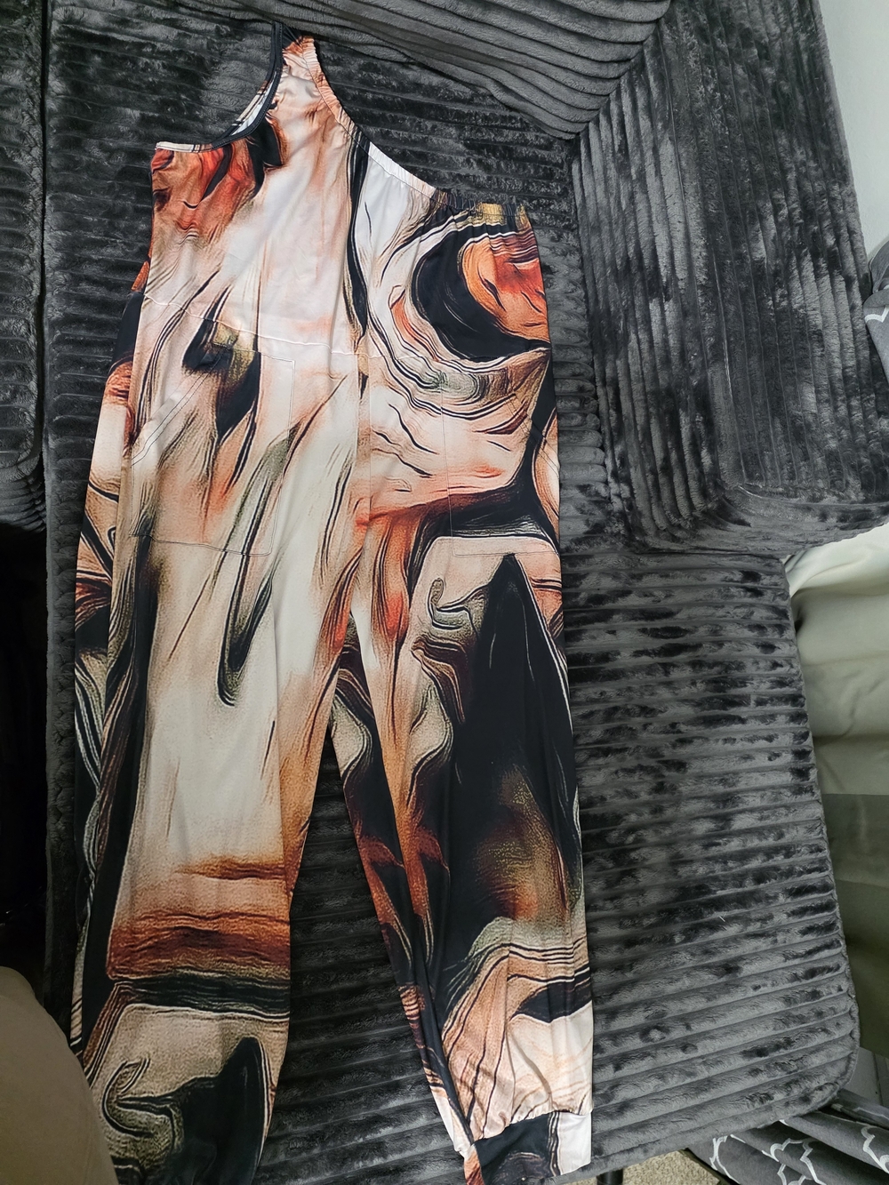 Abstract Marble Print Jumpsuit in Black, Cream & Orange
